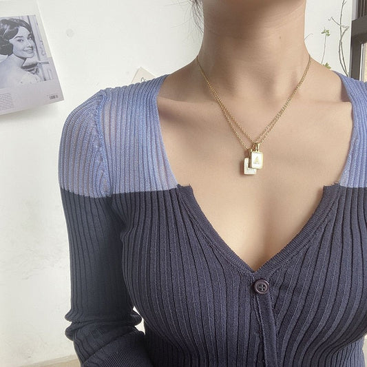 18K Golden Chain Necklaces Male Square Natural Shell Initial Letters Pendant Stainless Steel Jewelry - MERGE.DAY.1.FREESTYLE