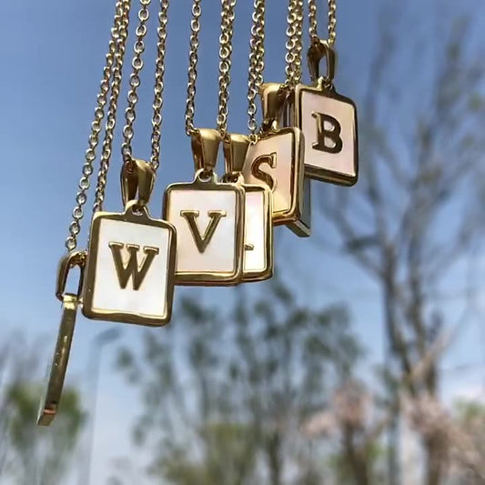 18K Golden Chain Necklaces Male Square Natural Shell Initial Letters Pendant Stainless Steel Jewelry - MERGE.DAY.1.FREESTYLE