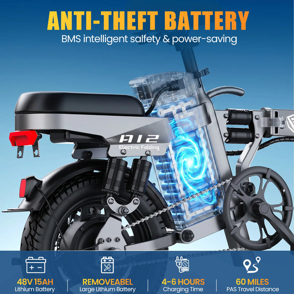A12 48V15Ah US Fast Shipping DTTZH Electric Foldable Bicycle Ebike E-bike 1000W Peak 14"FatTire EBike Removable Lithium Battery - MERGE.DAY.1.FREESTYLE