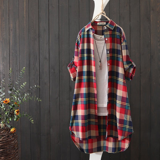 100% Cotton Plaid Shirt Long Sleeve Button Up Casua Loose Blouse Plus Size - MERGE.DAY.1.FREESTYLE