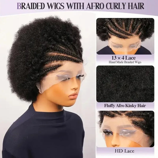 13x4 Short Afro Kinky Curly Bob Lace Front Braided Wigs for Black Women Curly Afro Puff Lace Frontal Wig Human Hair Brazilian - MERGE.DAY.1.FREESTYLE