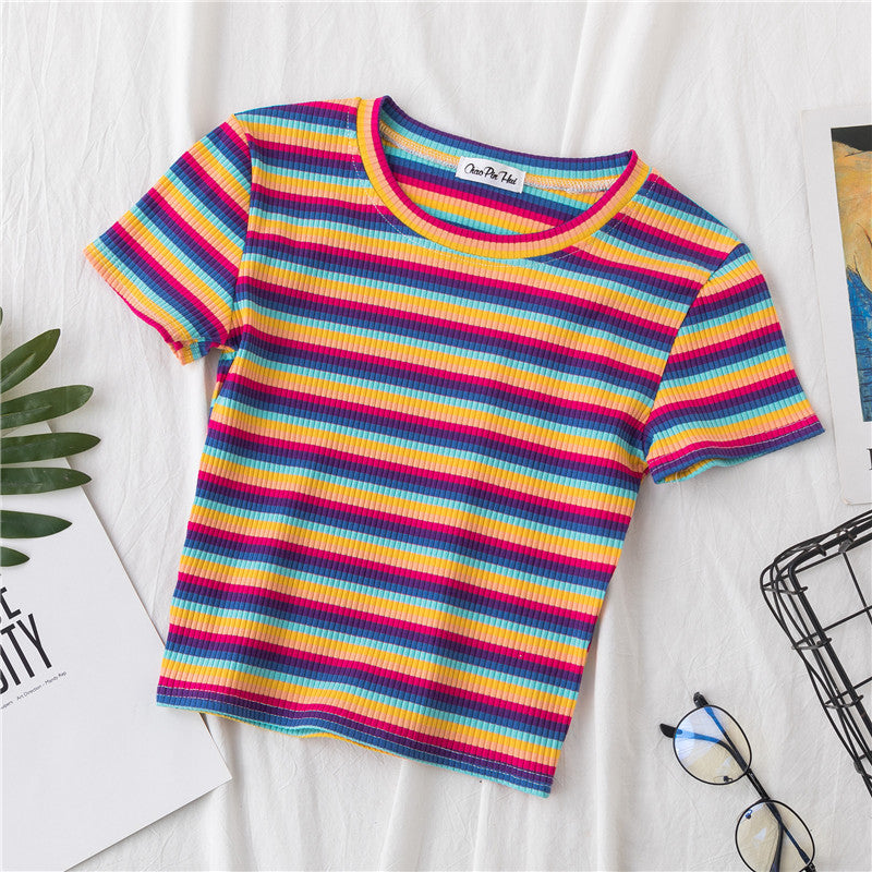 Women's short navel-baring rainbow striped tight T-shirt - MERGE.DAY.1.FREESTYLE
