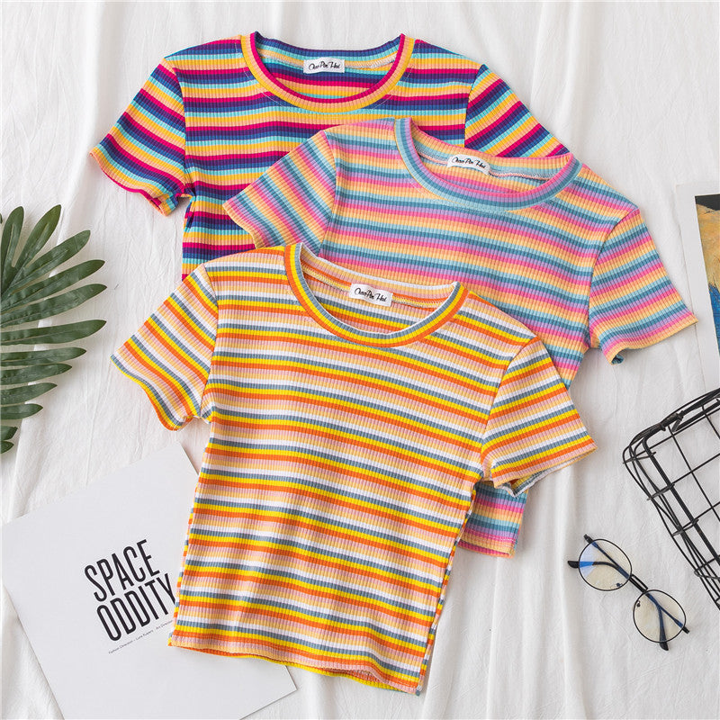 Women's short navel-baring rainbow striped tight T-shirt - MERGE.DAY.1.FREESTYLE