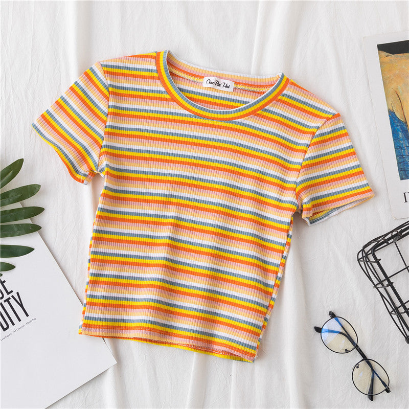 Women's short navel-baring rainbow striped tight T-shirt - MERGE.DAY.1.FREESTYLE