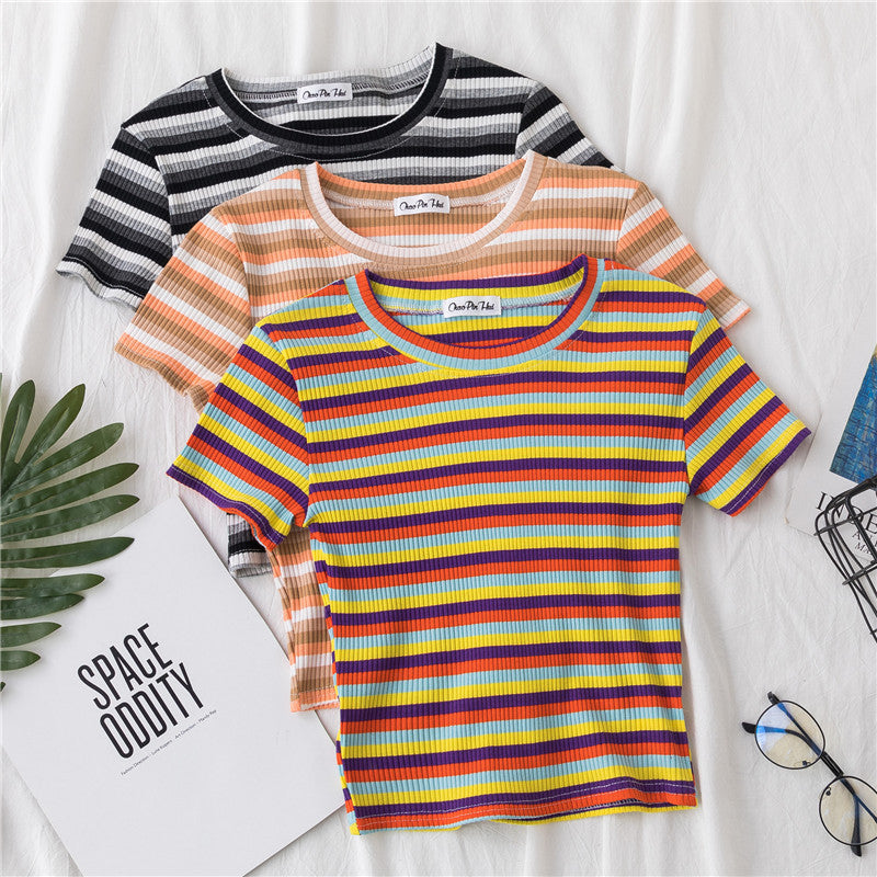 Women's short navel-baring rainbow striped tight T-shirt - MERGE.DAY.1.FREESTYLE