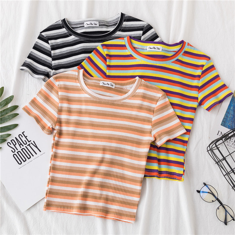 Women's short navel-baring rainbow striped tight T-shirt - MERGE.DAY.1.FREESTYLE