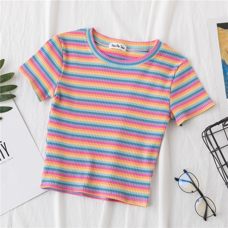 Women's short navel-baring rainbow striped tight T-shirt - MERGE.DAY.1.FREESTYLE
