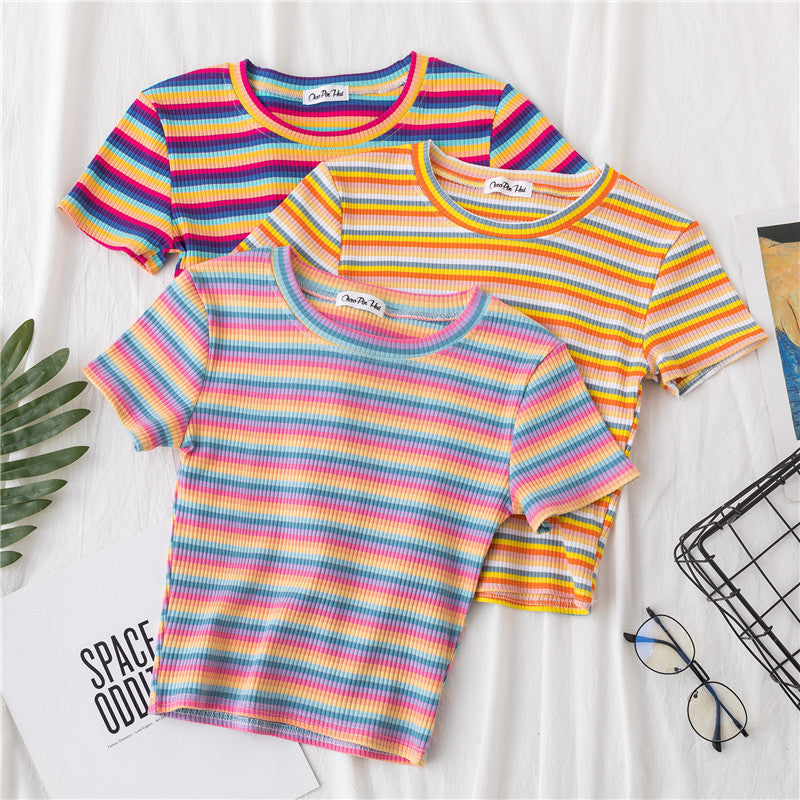 Women's short navel-baring rainbow striped tight T-shirt - MERGE.DAY.1.FREESTYLE