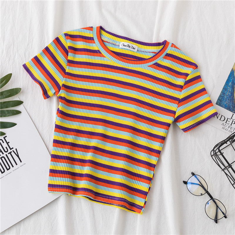 Women's short navel-baring rainbow striped tight T-shirt - MERGE.DAY.1.FREESTYLE