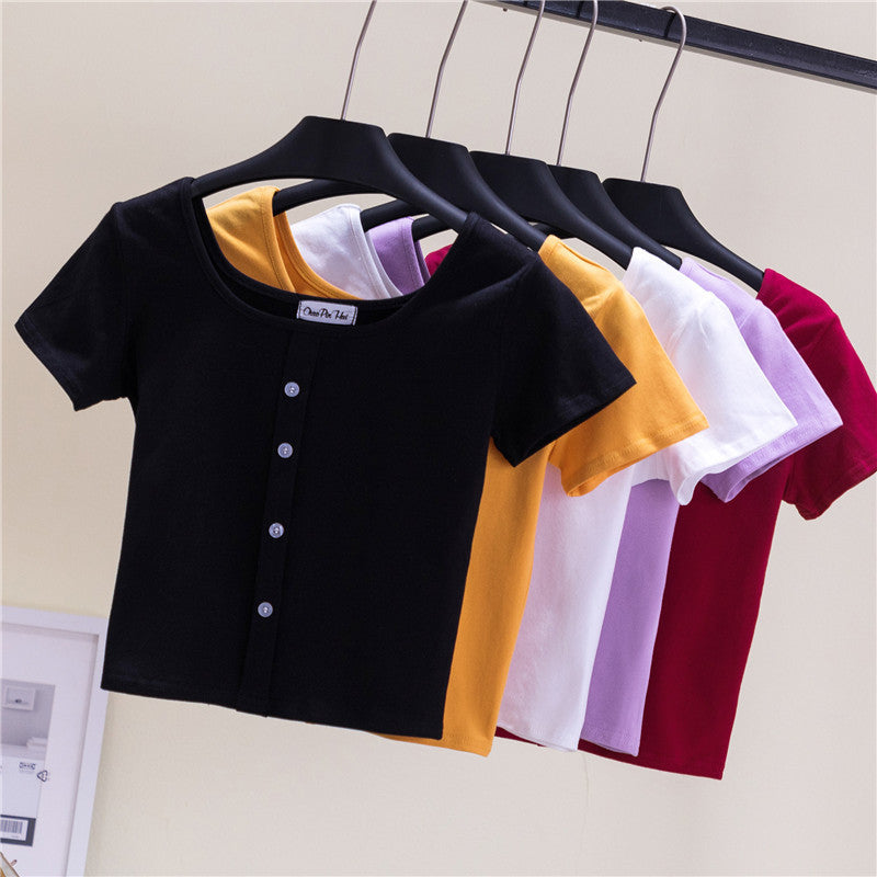 Collarbone Square Neck High Waist Navel T-Shirt Top - MERGE.DAY.1.FREESTYLE