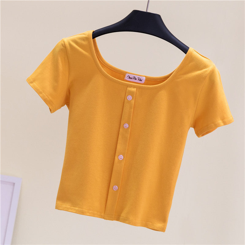 Collarbone Square Neck High Waist Navel T-Shirt Top - MERGE.DAY.1.FREESTYLE