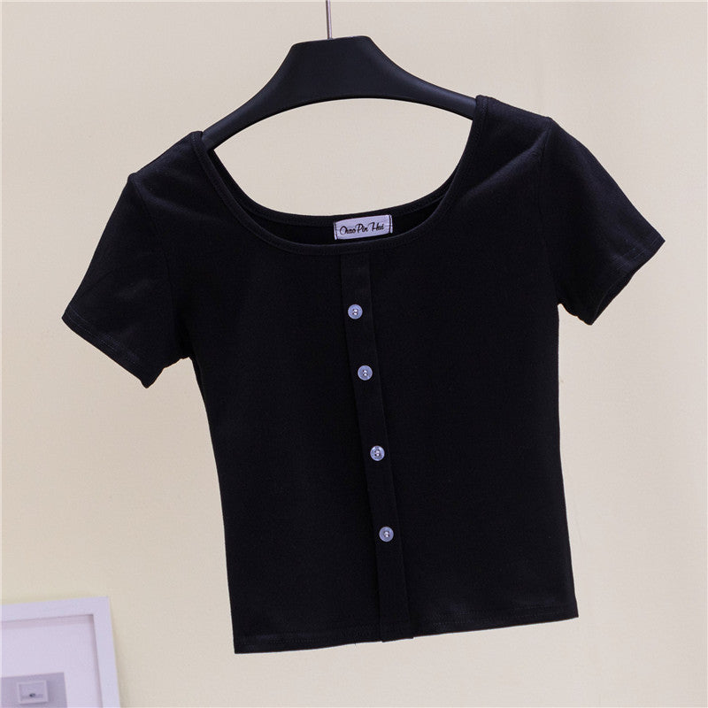 Collarbone Square Neck High Waist Navel T-Shirt Top - MERGE.DAY.1.FREESTYLE