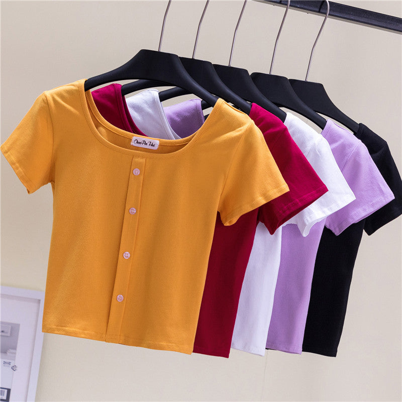 Collarbone Square Neck High Waist Navel T-Shirt Top - MERGE.DAY.1.FREESTYLE