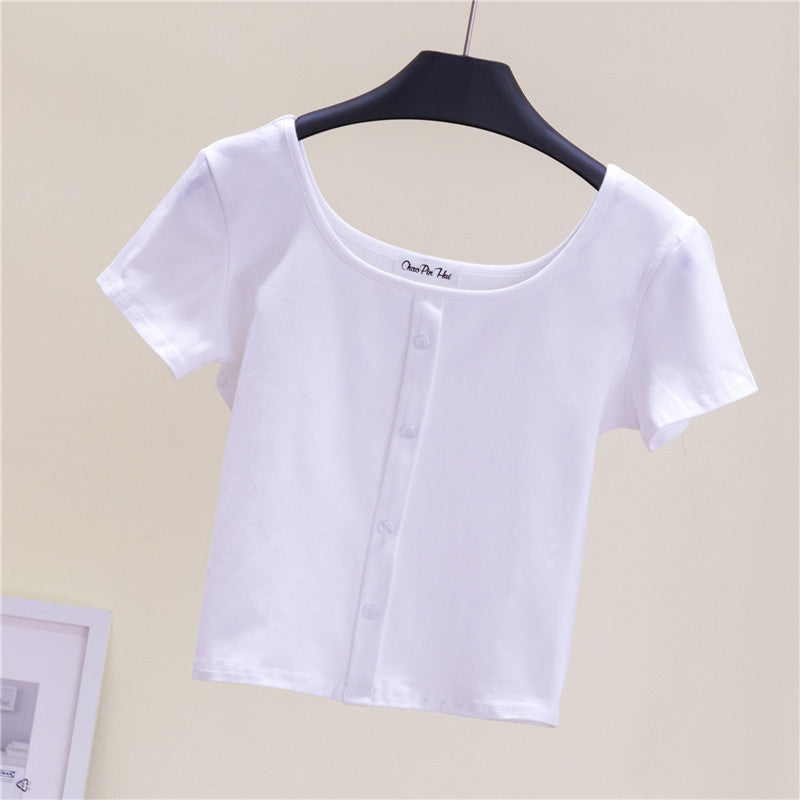 Collarbone Square Neck High Waist Navel T-Shirt Top - MERGE.DAY.1.FREESTYLE