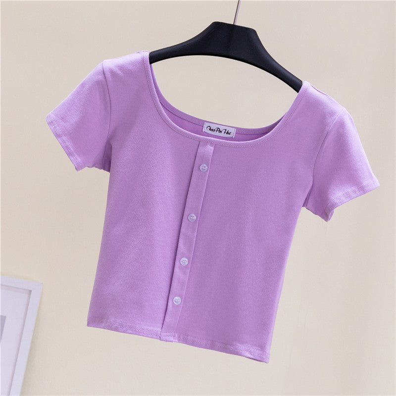 Collarbone Square Neck High Waist Navel T-Shirt Top - MERGE.DAY.1.FREESTYLE