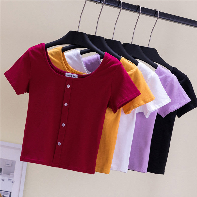 Collarbone Square Neck High Waist Navel T-Shirt Top - MERGE.DAY.1.FREESTYLE