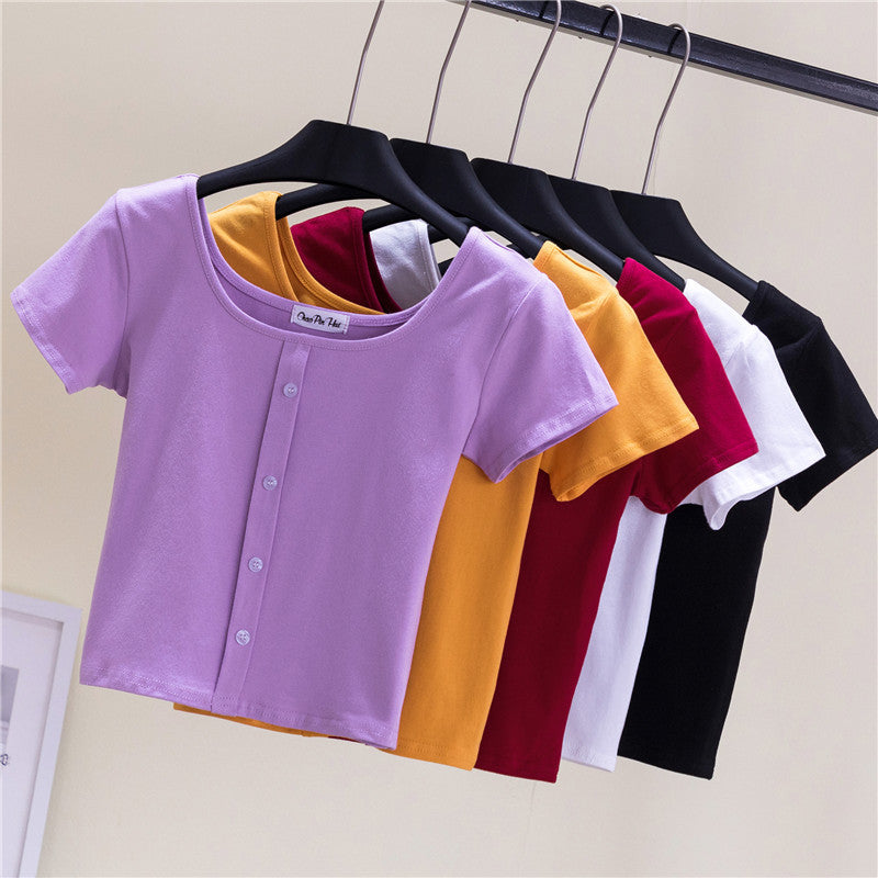 Collarbone Square Neck High Waist Navel T-Shirt Top - MERGE.DAY.1.FREESTYLE