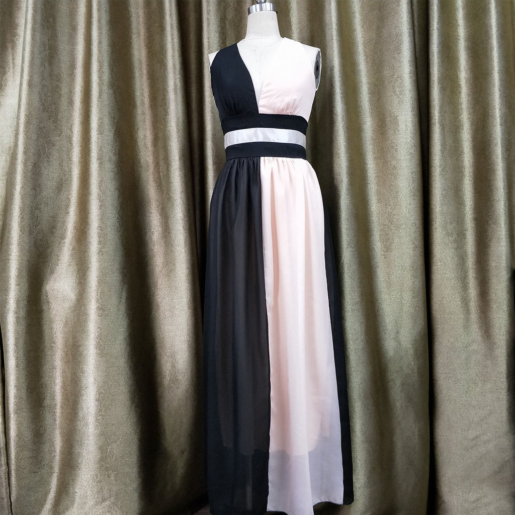 Chiffon Contrast Color Evening Gown Sleeveless V-neck Splicing Long Gown - MERGE.DAY.1.FREESTYLE