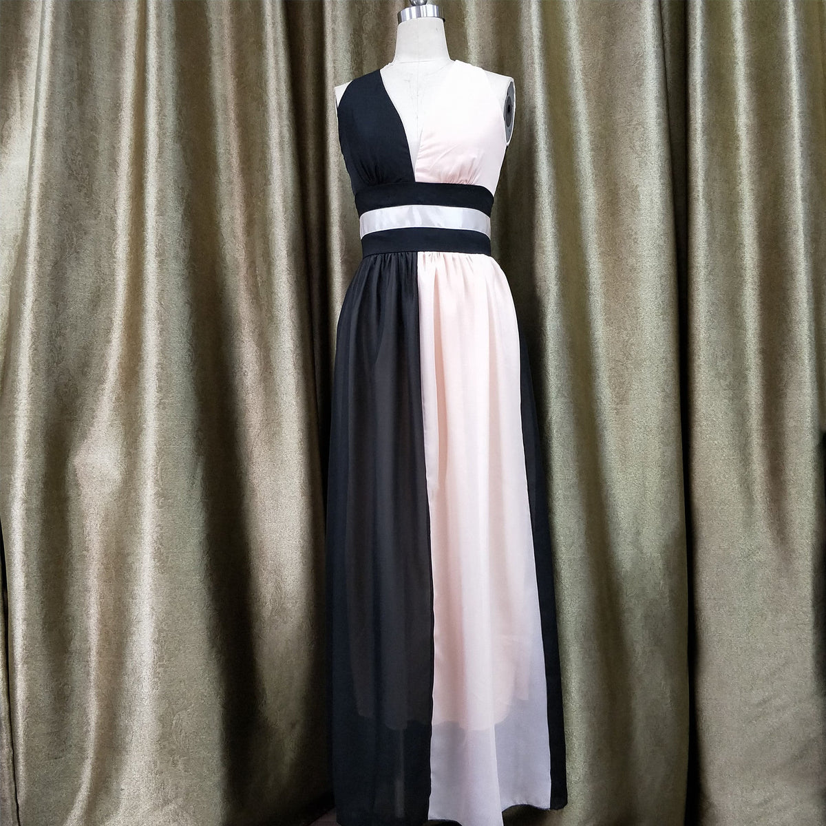 Chiffon Contrast Color Evening Gown Sleeveless V-neck Splicing Long Gown - MERGE.DAY.1.FREESTYLE