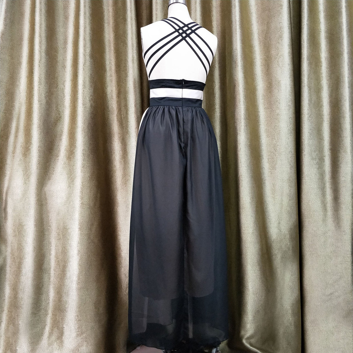 Chiffon Contrast Color Evening Gown Sleeveless V-neck Splicing Long Gown - MERGE.DAY.1.FREESTYLE