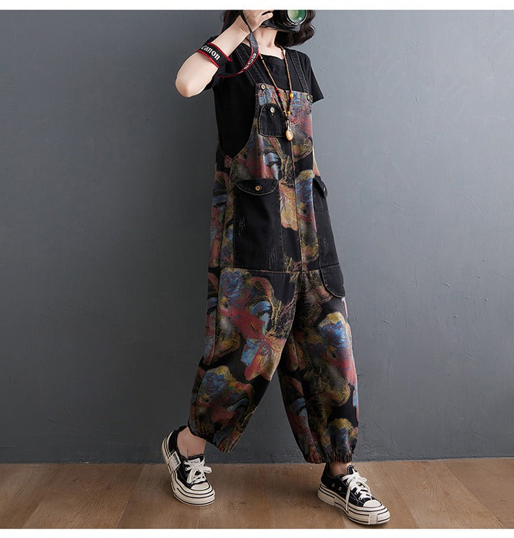 Loose Jeans Black Jumpsuit Casual Ladies Big Pockets Print Floral Denim Overalls Straps Rompers - MERGE.DAY.1.FREESTYLE