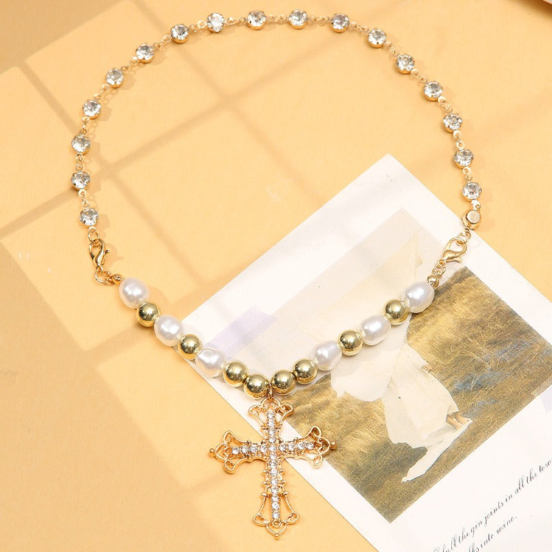 Bling Cross Pendant Necklaces for Women Girl Gift Wedding Neck Jewelry Goth Pearl Necklace - MERGE.DAY.1.FREESTYLE