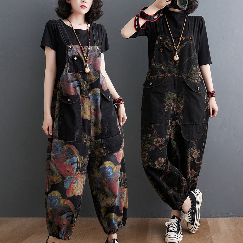 Loose Jeans Black Jumpsuit Casual Ladies Big Pockets Print Floral Denim Overalls Straps Rompers - MERGE.DAY.1.FREESTYLE