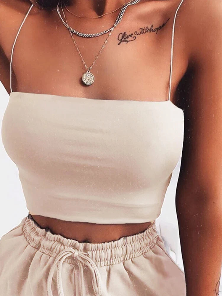 Women Spaghetti Strap Crop Top Sexy Bodycon Sleeveless Cami Tube Top - MERGE.DAY.1.FREESTYLE