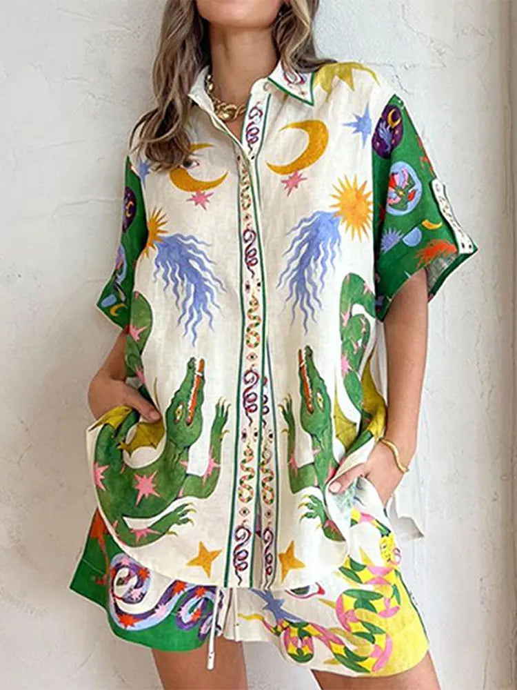 Beach Printed Lapel Shirt Pants Suits - MERGE.DAY.1.FREESTYLE