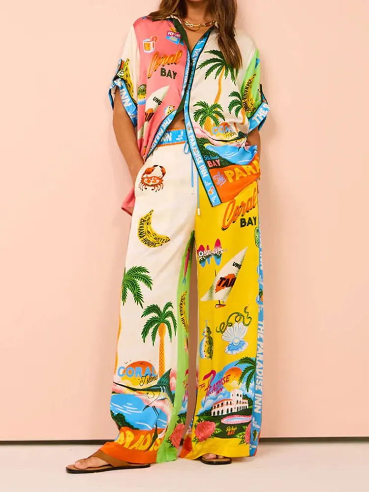 Beach Printed Lapel Shirt Pants Suits - MERGE.DAY.1.FREESTYLE