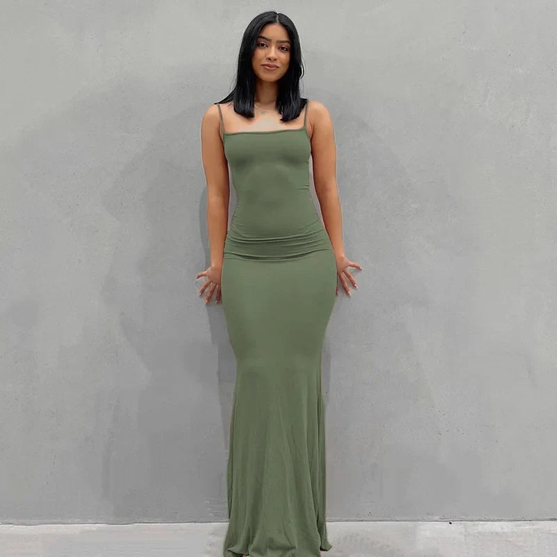 Spaghetti Strap Black Long Sleeveless Skinny Bodycon Dress Y2k - MERGE.DAY.1.FREESTYLE