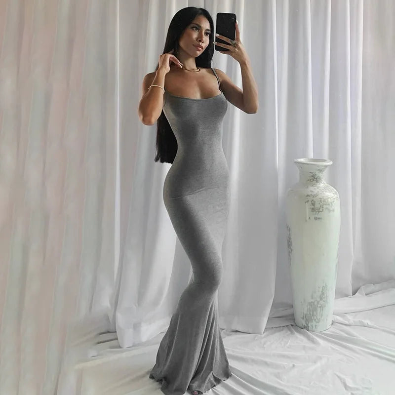 Spaghetti Strap Black Long Sleeveless Skinny Bodycon Dress Y2k - MERGE.DAY.1.FREESTYLE