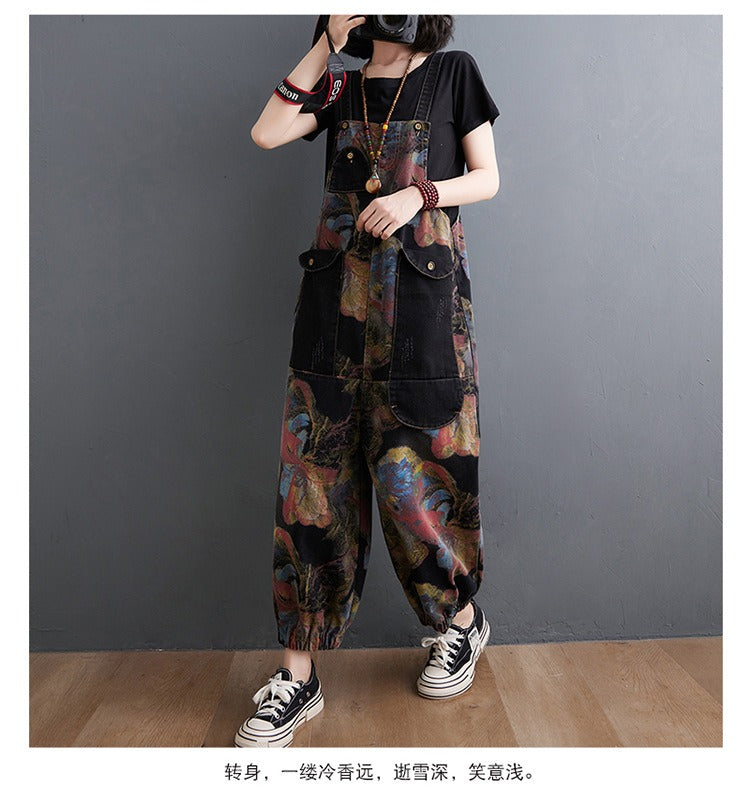 Loose Jeans Black Jumpsuit Casual Ladies Big Pockets Print Floral Denim Overalls Straps Rompers - MERGE.DAY.1.FREESTYLE