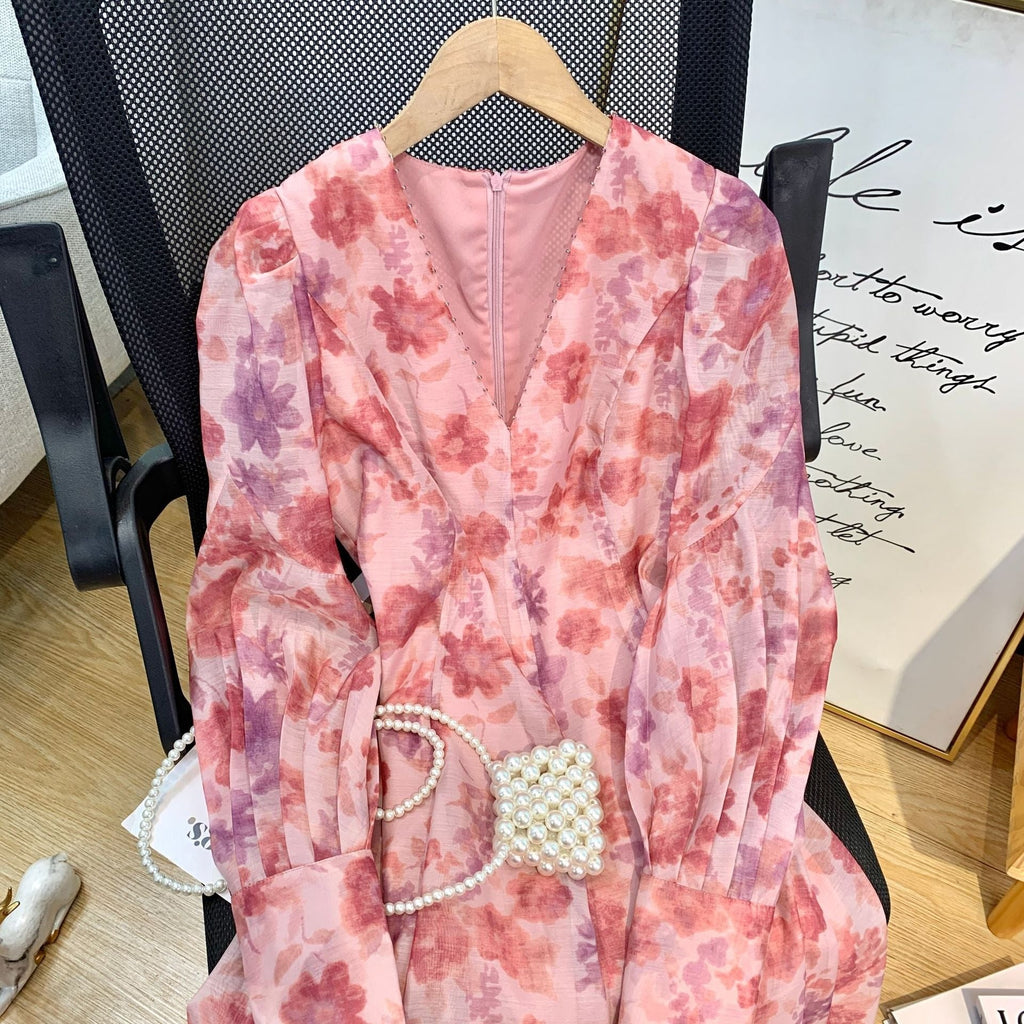 V-neck Floral Printed Dress Women Elegant Puff Sleeve Slim A-line Dress - MERGE.DAY.1.FREESTYLE