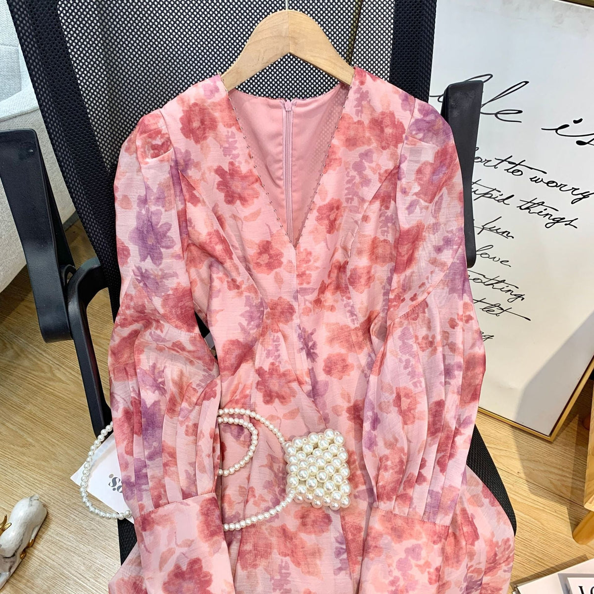 V-neck Floral Printed Dress Women Elegant Puff Sleeve Slim A-line Dress - MERGE.DAY.1.FREESTYLE