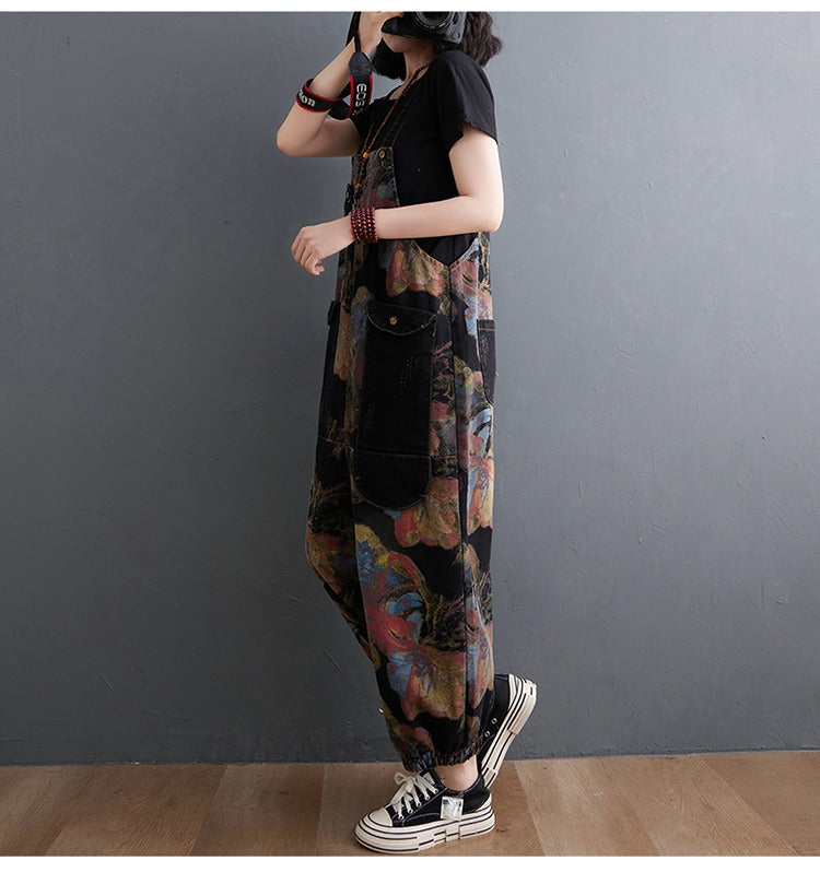Peto vaquero holgado de mujer, mono negro casual con estampado floral, tirantes y bolsillos grandes