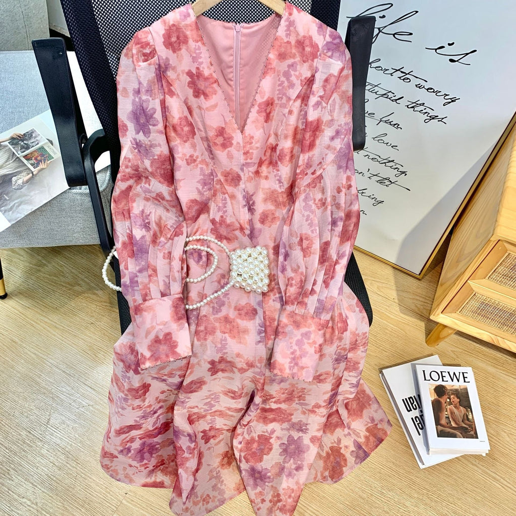 V-neck Floral Printed Dress Women Elegant Puff Sleeve Slim A-line Dress - MERGE.DAY.1.FREESTYLE