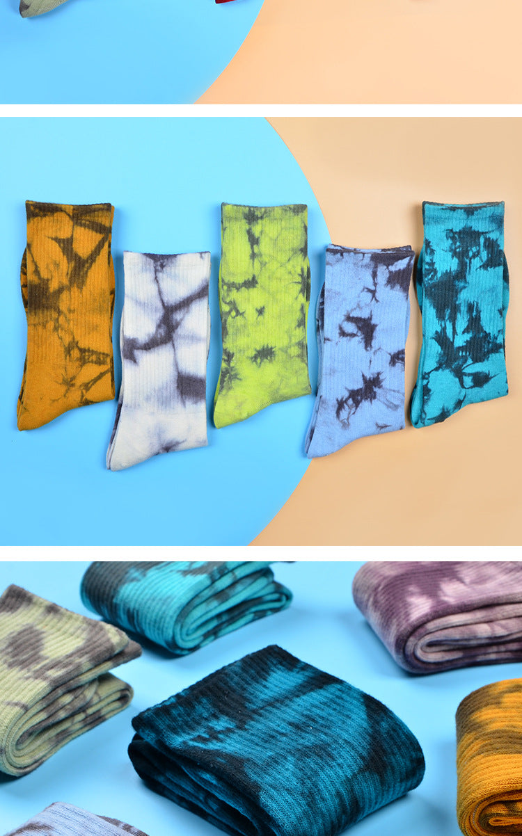 Tie-Dye Autumn and Winter Socks for Men and Women Mid-Calf High-Top Ins Street Fashion Socks European and American Skateboard Socks Wholesale Long-Tube Couple Socks