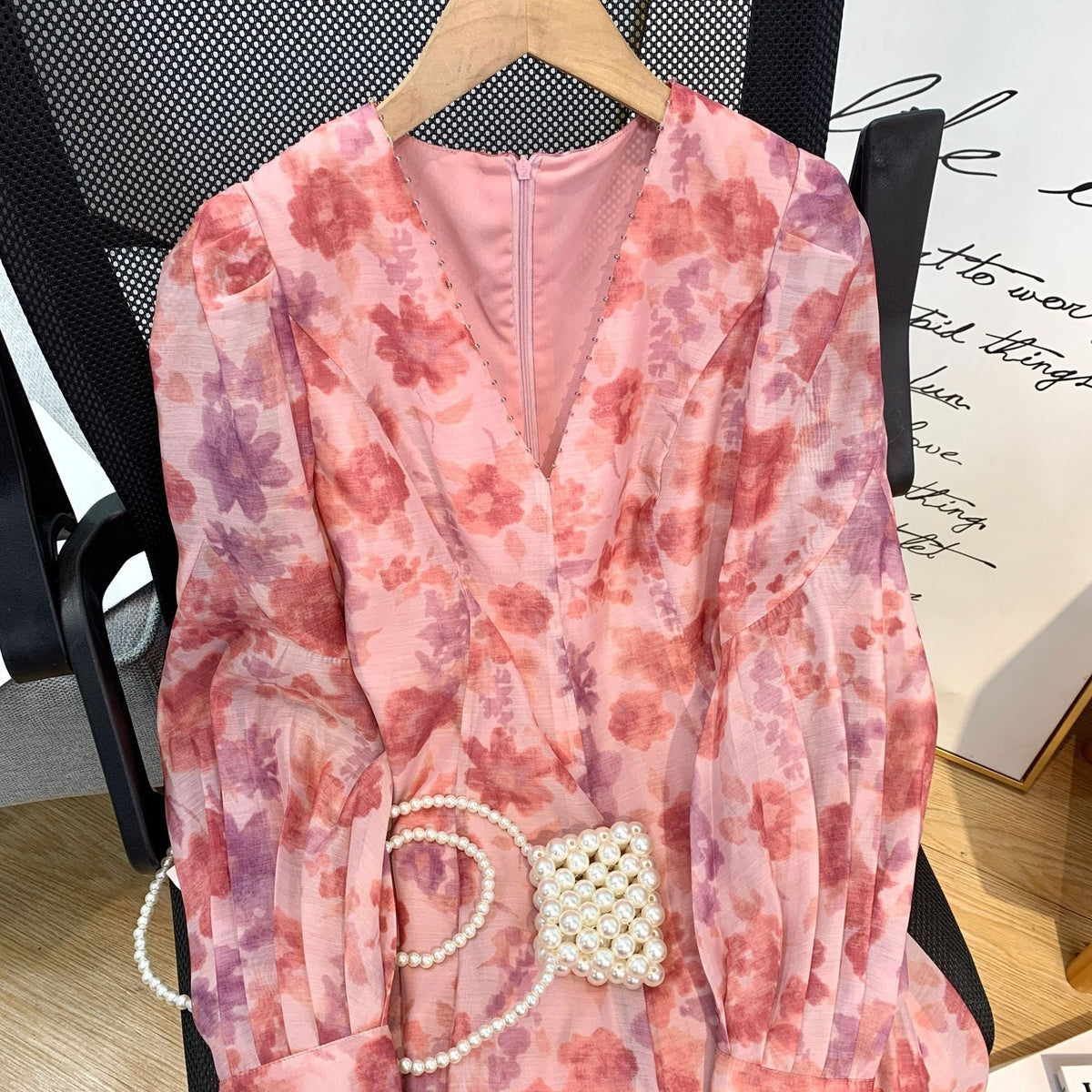 V-neck Floral Printed Dress Women Elegant Puff Sleeve Slim A-line Dress - MERGE.DAY.1.FREESTYLE