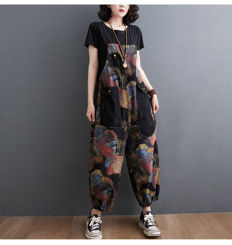 Peto vaquero holgado de mujer, mono negro casual con estampado floral, tirantes y bolsillos grandes