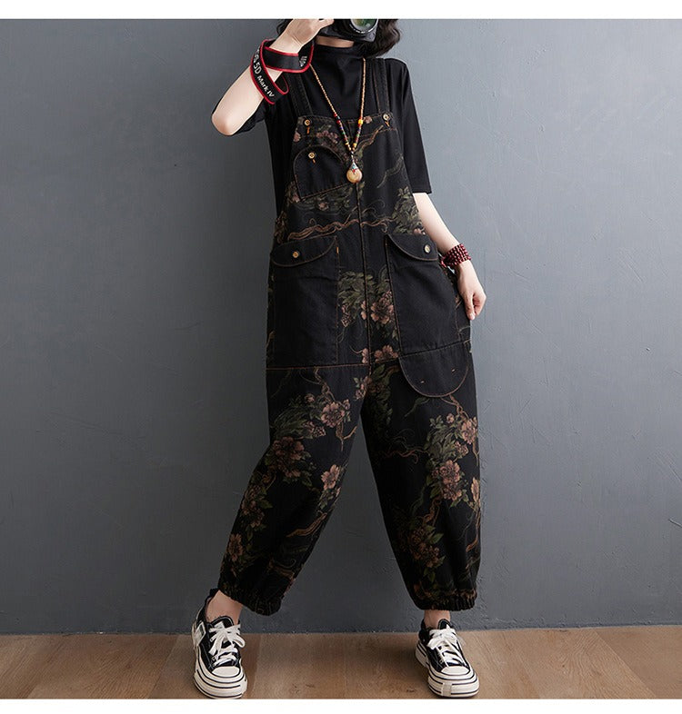 Loose Jeans Black Jumpsuit Casual Ladies Big Pockets Print Floral Denim Overalls Straps Rompers - MERGE.DAY.1.FREESTYLE