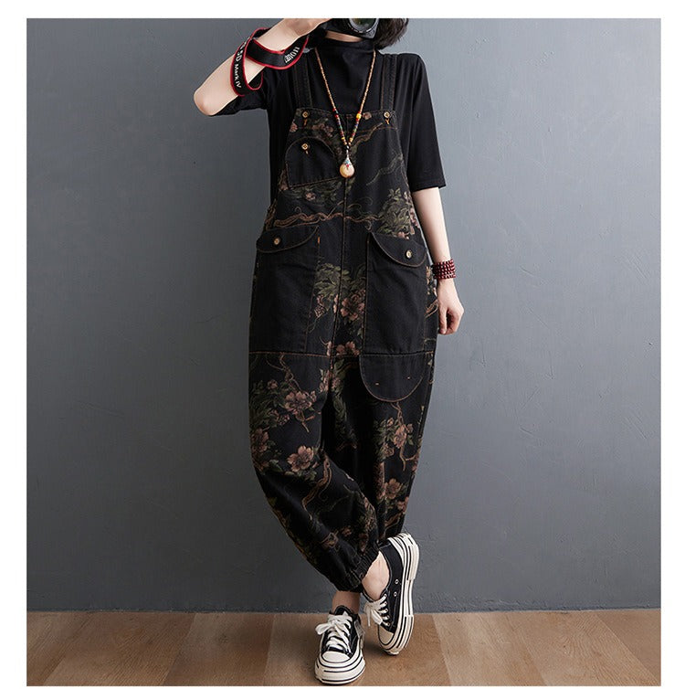 Peto vaquero holgado de mujer, mono negro casual con estampado floral, tirantes y bolsillos grandes