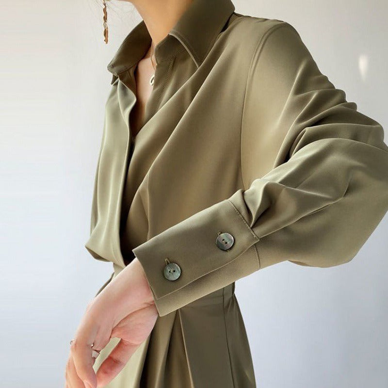 Turn-down Collar Women A-line Dress Long Sleeve Slim Waist Vestidos - MERGE.DAY.1.FREESTYLE