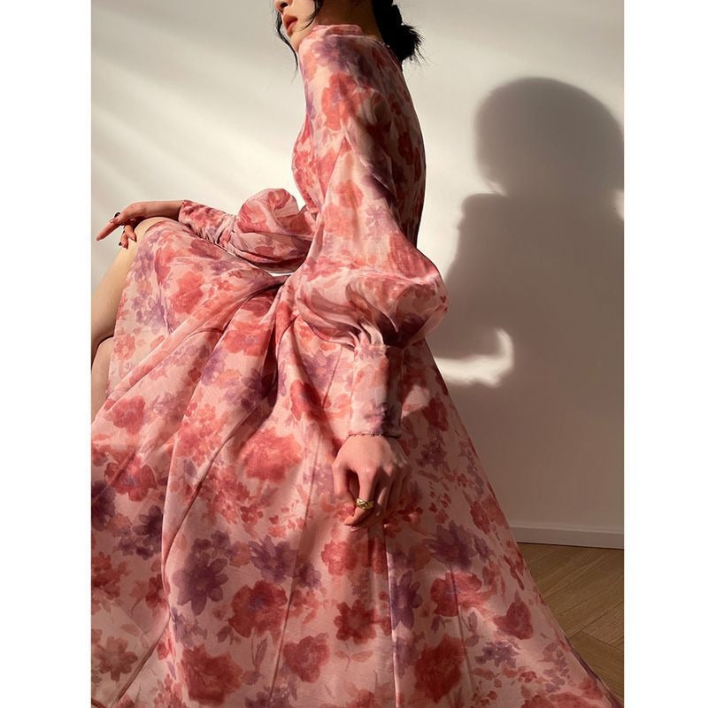 V-neck Floral Printed Dress Women Elegant Puff Sleeve Slim A-line Dress - MERGE.DAY.1.FREESTYLE