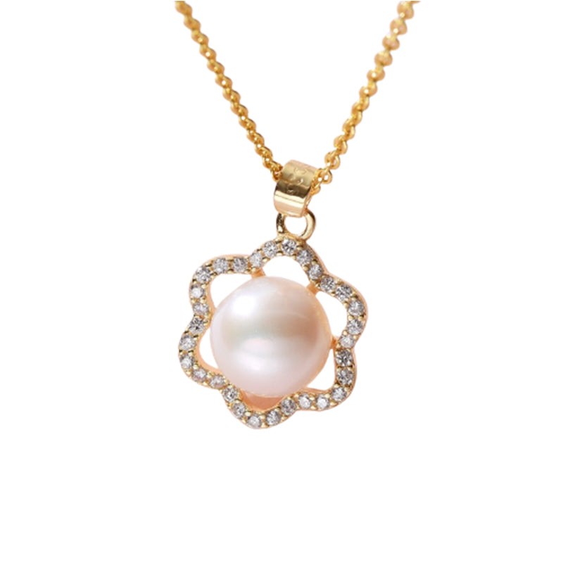 Pearl White Natural Freshwater 8-9mm Silver Gold Plated Flower Zirconia Pendants Necklaces - MERGE.DAY.1.FREESTYLE
