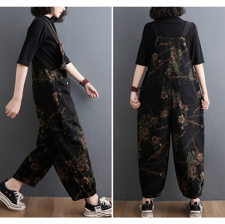 Loose Jeans Black Jumpsuit Casual Ladies Big Pockets Print Floral Denim Overalls Straps Rompers - MERGE.DAY.1.FREESTYLE