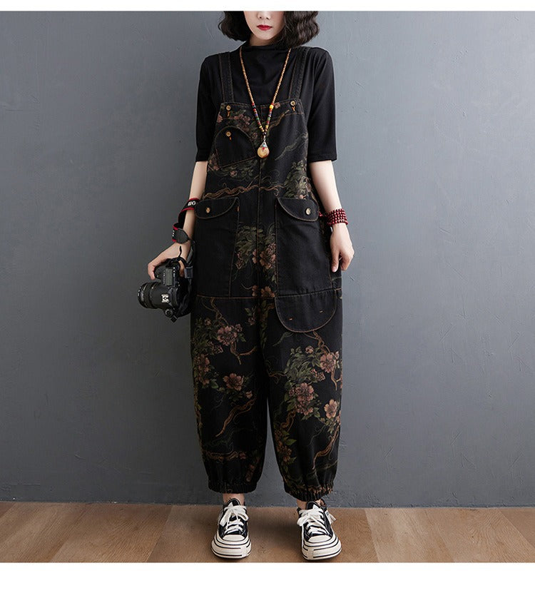 Loose Jeans Black Jumpsuit Casual Ladies Big Pockets Print Floral Denim Overalls Straps Rompers - MERGE.DAY.1.FREESTYLE