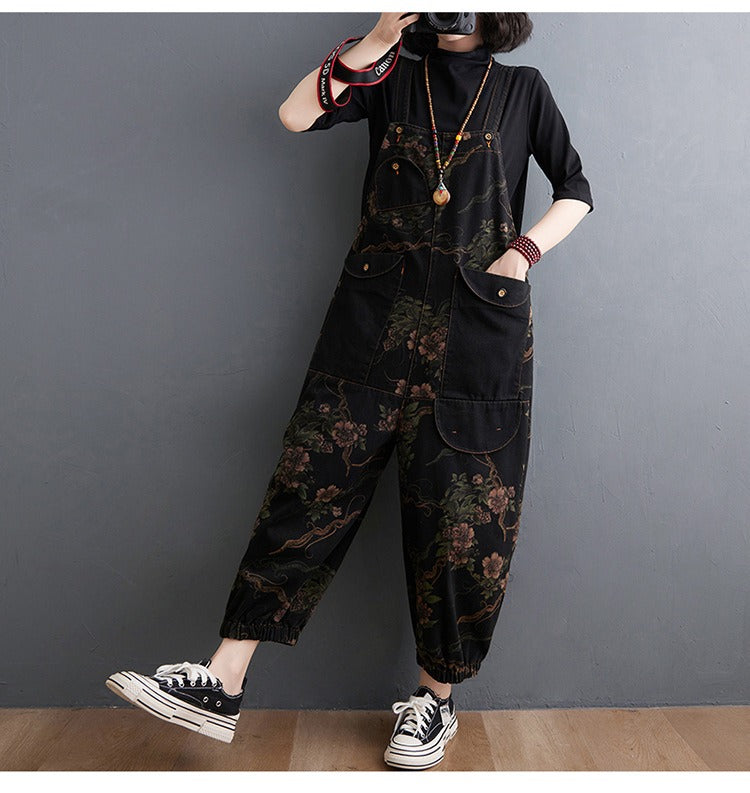 Peto vaquero holgado de mujer, mono negro casual con estampado floral, tirantes y bolsillos grandes