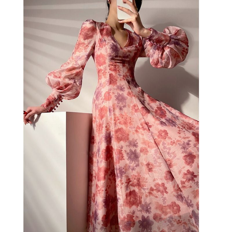 V-neck Floral Printed Dress Women Elegant Puff Sleeve Slim A-line Dress - MERGE.DAY.1.FREESTYLE