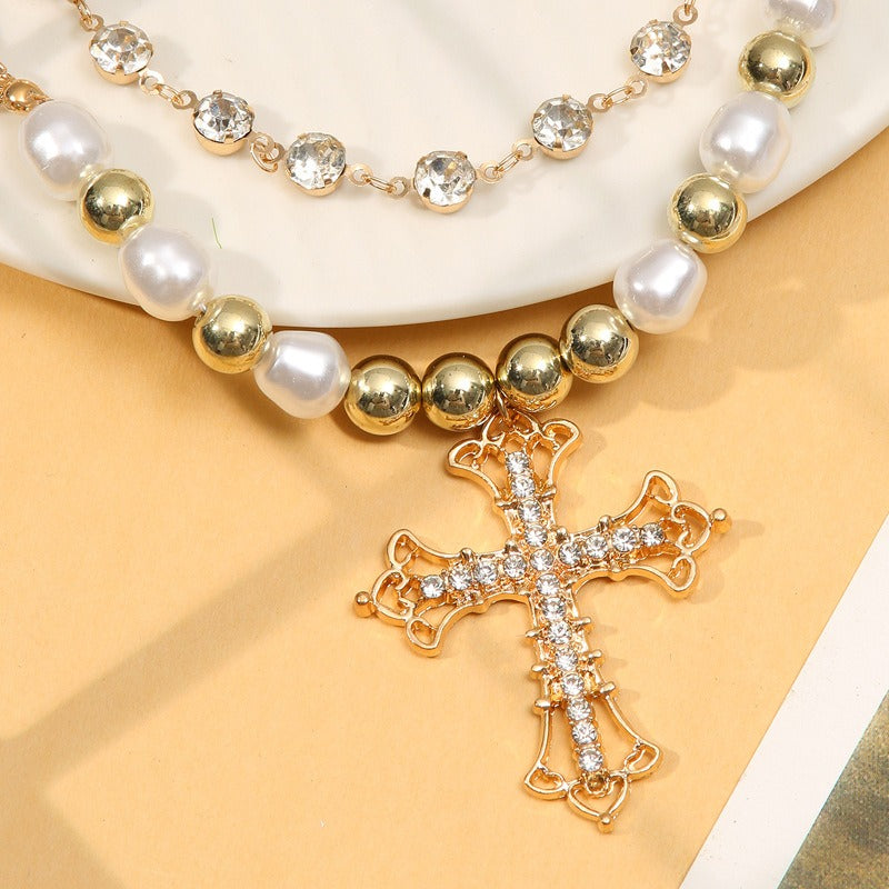 Bling Cross Pendant Necklaces for Women Girl Gift Wedding Neck Jewelry Goth Pearl Necklace - MERGE.DAY.1.FREESTYLE